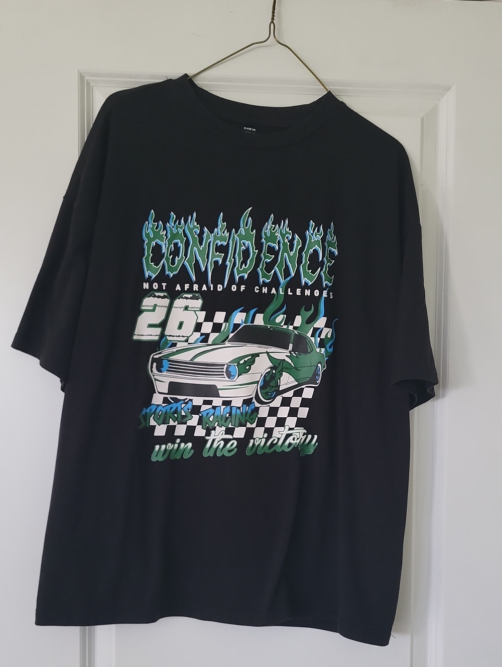 SHEIN Black Short Sleeve Racing Graphic Tee with Green Accents